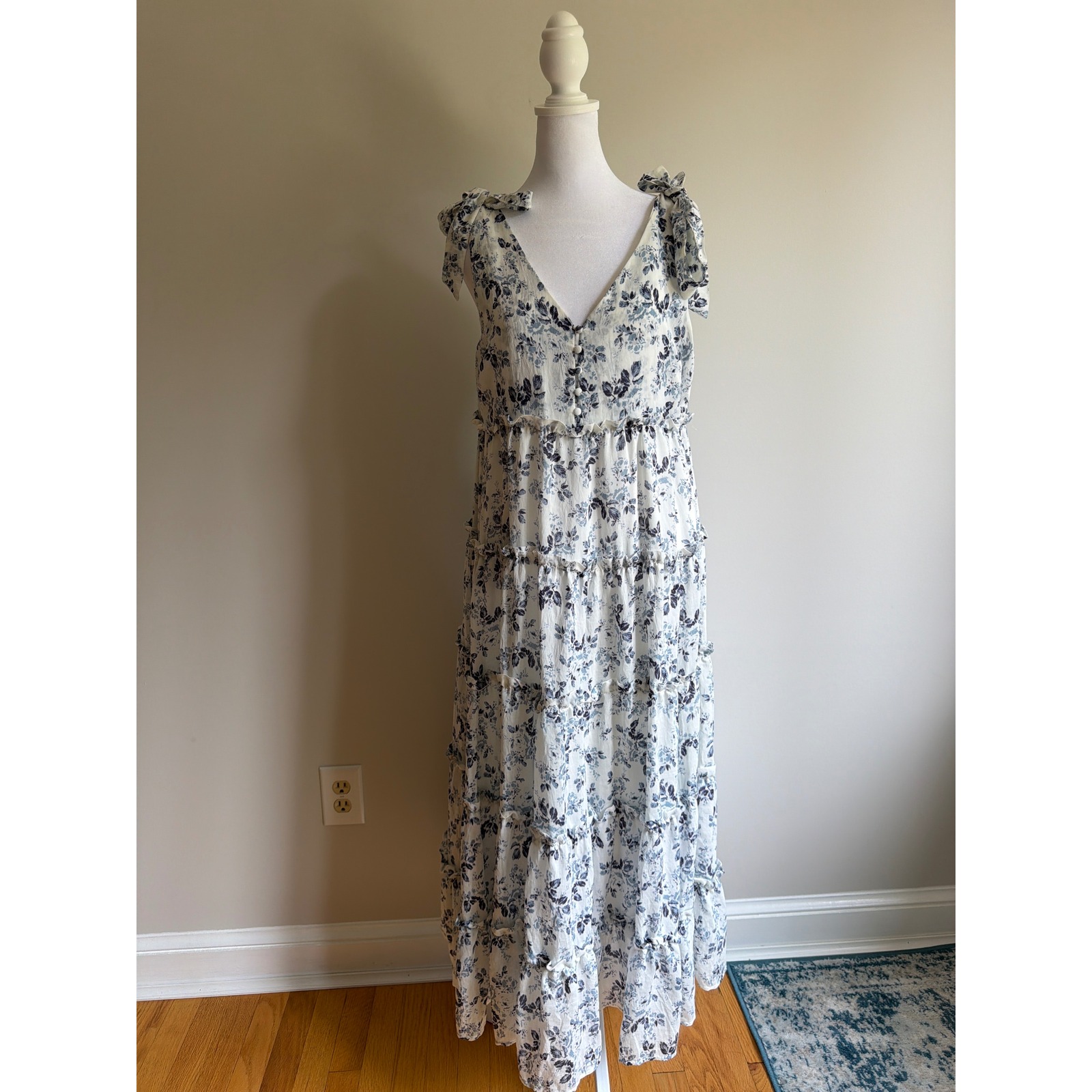 Moon River Blue Floral Tiered Maxi Dress Sleeveless Tie Shoulder Cottagecore M